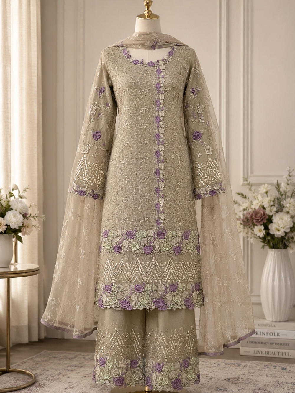 Pakistani Designer dress Embroidered Beige & Lavender Salwar Kameez Set